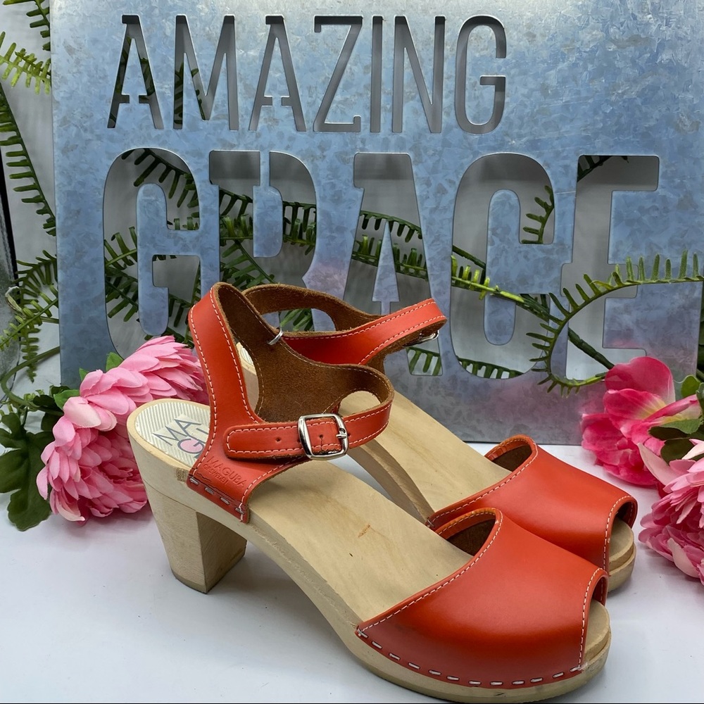 Maguba Sz 38/ 8-8.5 Orange Peep Toe Heels Clogs Swedish Handmade